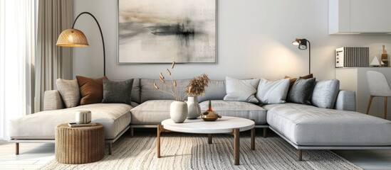Obraz premium A photograph showing a white table placed on a carpet in a living room with a grey sofa, painting, and lamp.