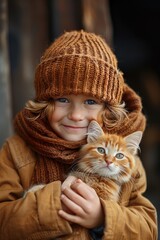 Red-haired happy boy holding a ginger kitten in his arms