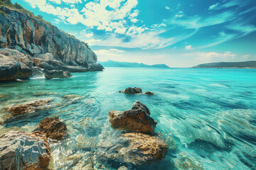 beautiful bay landscape with turquoise water and rocks. fantastic bay in sunny weather - obrazy, fototapety, plakaty