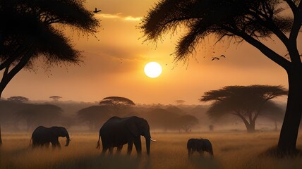 Fototapeta na wymiar elephants at sunset in the river