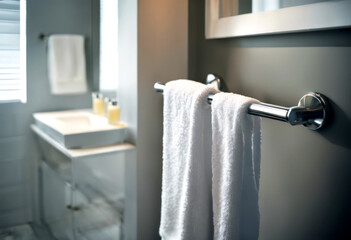 AI generated illustration of a neatly organized bathroom with various towels hanging from hooks