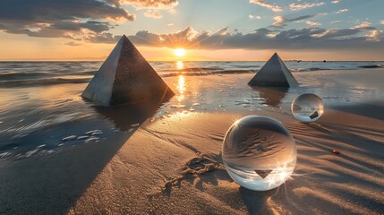 Stone pyramids and glass sphere on the dreamy baltic sea sand beach on rugen to the spectacular orange sunset - obrazy, fototapety, plakaty