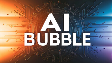 AI Bubble - Concept of overhyped Artificial Intelligence, white text, digital circuit board backdrop, orange, blue
