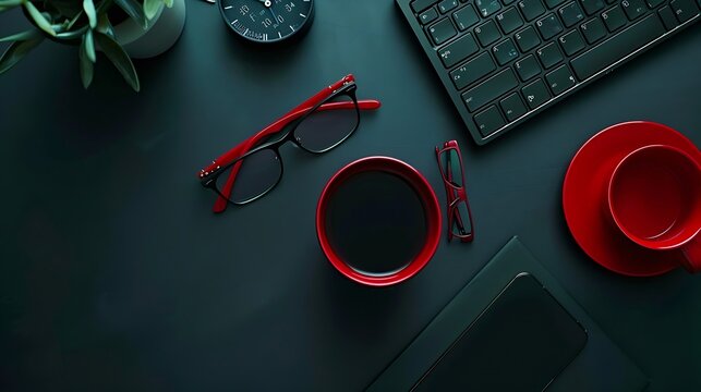 Flat lay photo of office desk with keyboard notebook tablet smartphone eyeglasses and red cup top view : Generative AI