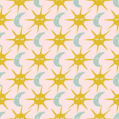 Cute seamless pattern with textured sun and moon. Vector square print, background, design 