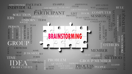 Brainstorming as a complex subject, related to important topics. Pictured as a puzzle and a word cloud made of most important ideas and phrases related to brainstorming. ,3d illustration