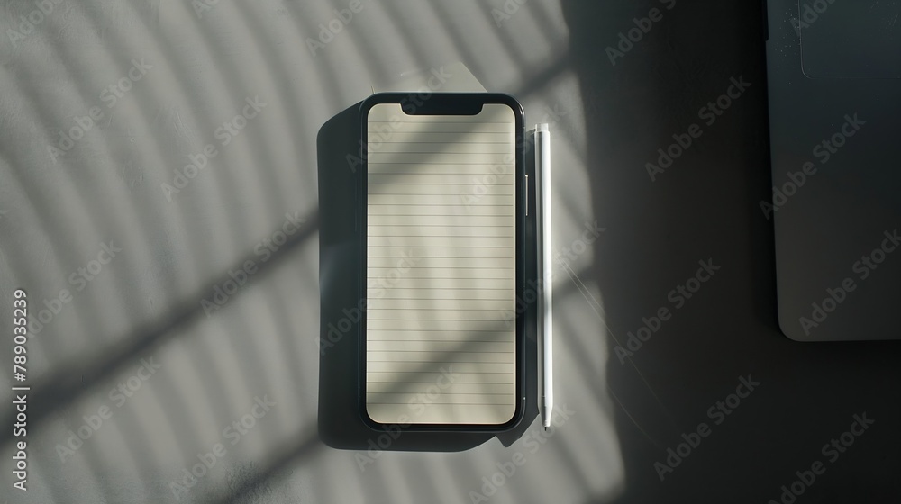 Aufkleber blank notepad on with smart phone on desktop viewflat lay : generative ai