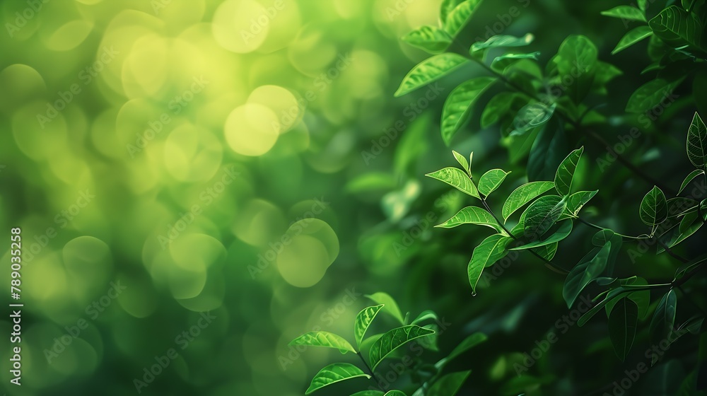 Poster green tree leaves closeup on blurred bokeh background : generative ai