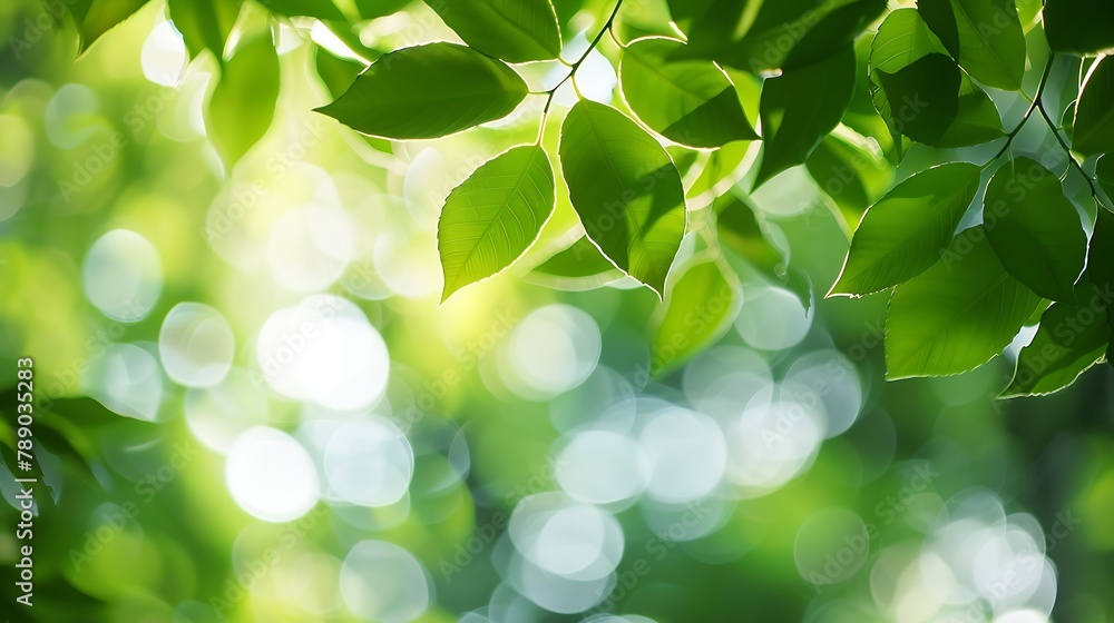 Poster green tree leaves closeup on blurred bokeh background : generative ai
