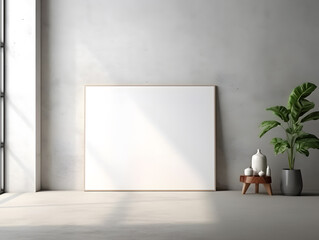 Empty wooden picture frame or mock-up frame by a window with natural sunlight and with lively plants in small vases on the floor.