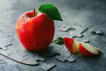Marketing Apple fruit puzzle. Deliciously juicy cut apple with puzzle piece .