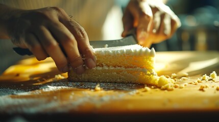 closeup of male hands in kitchen at home cutting sponge cake on cutting board with large steel knife cutting portions to eat : Generative AI