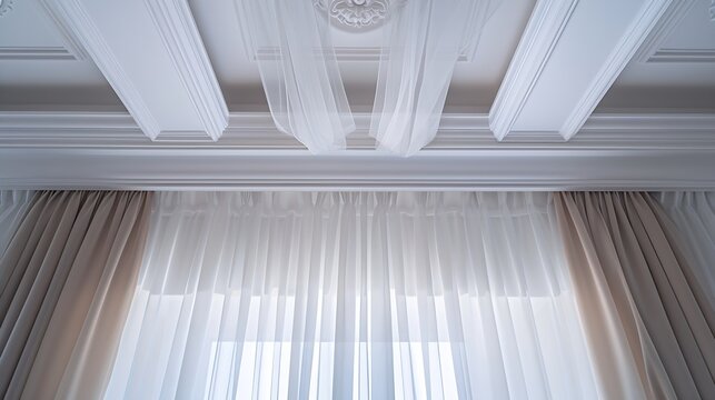 Ceiling cornice with drapes white curtain or tulle Interior details close up White ceiling plastic ceiling cornice with two rails brown matting fabric curtains and transparent curtains : Generative AI