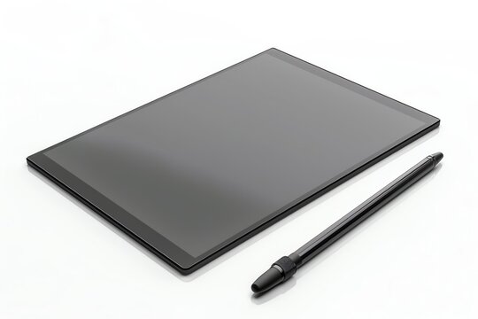 Realistic 3D rendering of a professional graphic tablet with stylus, perfect for designers, on a white background