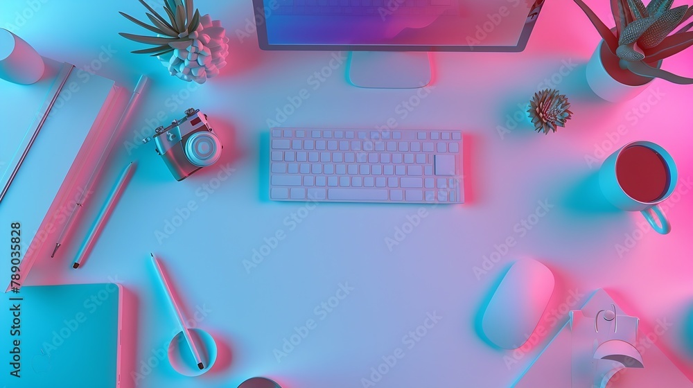 Aufkleber Colored office desk table with computer Top view with copy space : Generative AI