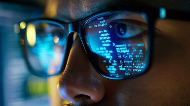 Closeup portrait of focused software engineer wearing eyeglasses looking at computer screen working with big data Programming code reflecting in glasses Data science Machine Learning A : Generative AI