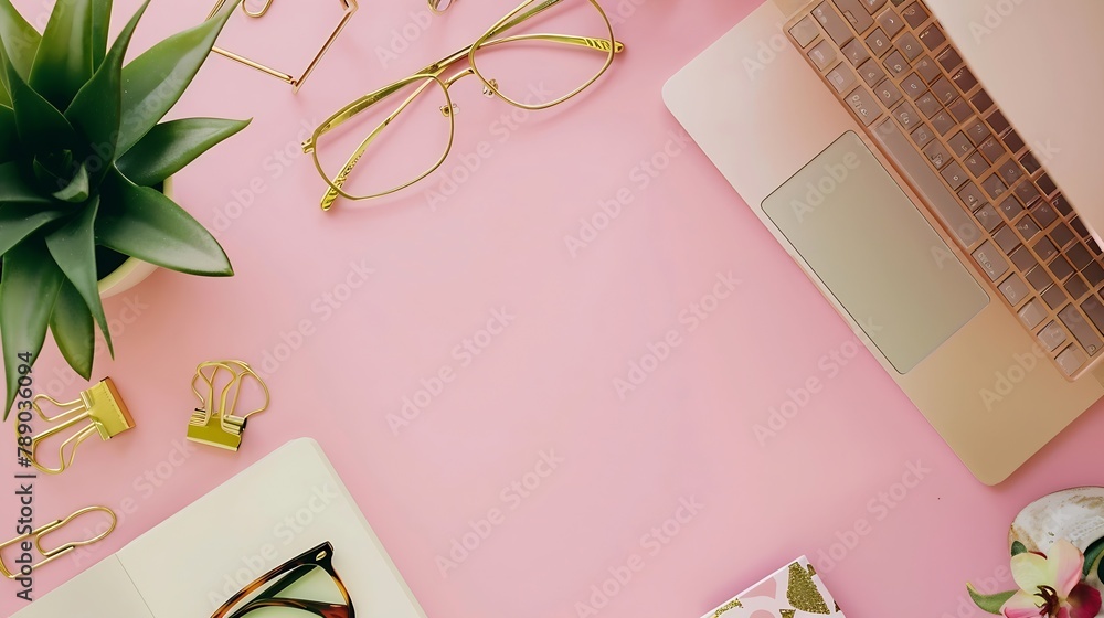 Poster flat lay top view office table desk frame feminine desk workspace with succulent laptop glasses diar