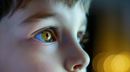 Beautiful brown eyes of 6 year boy looking at screen closeup Child is watching TV cartoons or video...