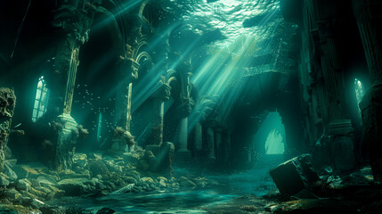 Beneath the waves, a mysterious lost city beneath the water glows as if out of this world. Illuminating the mysterious depths of the ocean - obrazy, fototapety, plakaty