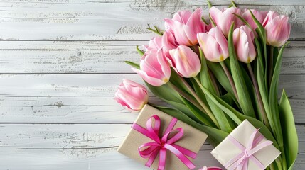 A picturesque display featuring a stunning bouquet of vibrant pink tulips accompanied by a charming gift box placed elegantly on a white wooden table evoking the essence of spring and holid