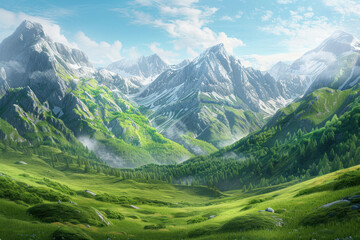Obraz premium a green grassy valley with large mountains in the background. fantasy landscape, concept art, blue sky, white clouds