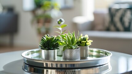 Closeup on stylish decorations and plants in silver tray on modern coffee table : Generative AI