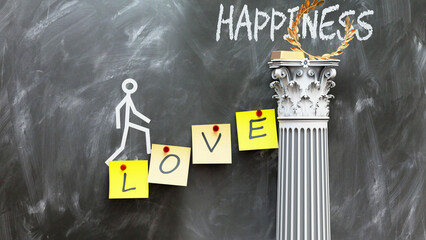 Love leads to Happiness - a metaphor showing love as a fundament that is essential to reach happiness. Symbolizes the importance of love and cause and effect relationship. ,3d illustration - obrazy, fototapety, plakaty