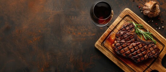 Grilled beef steak seasoned with spices on a wooden cutting board and a glass of red wine. Image taken from above with space for text.