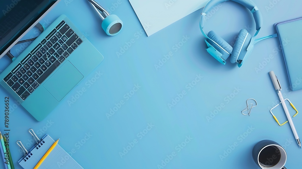 Poster Online learning design concept Top view of student table with computer headphone and stationeries on blue table background : Generative AI