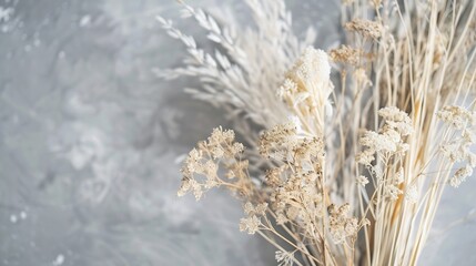 Dried flowers bouquet close up dried herbs at gray marble background preserved field reed grass  for home decoration object photography floristics craft natural dried plants : Generative AI