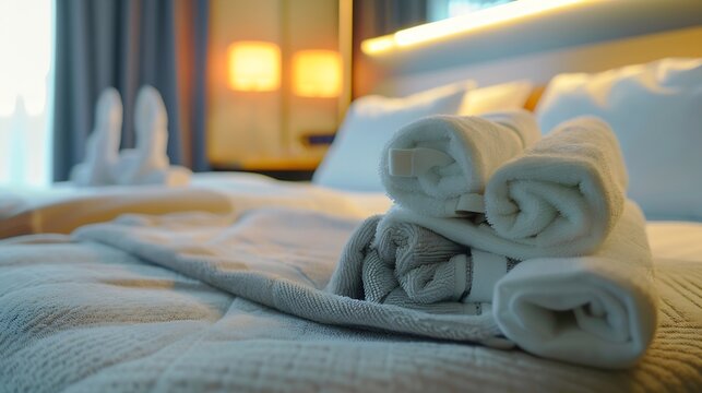 Close up of comfortable bed with towels in hotel bedroom decoration in cozy style Conceptual of a room in a home where people sleep : Generative AI