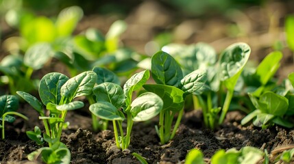 Young green seedling spinach on a field 