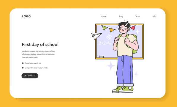 First day of school web banner or landing page. Boy with backpack standing