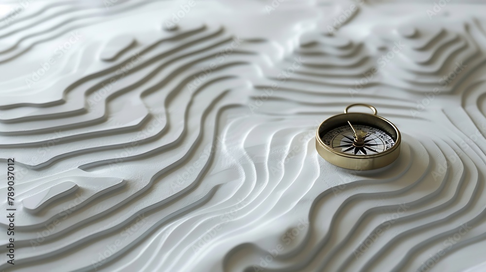Poster topographical map showing contour lines with classic compass laid on top flat lay : generative ai