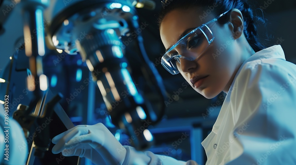 Poster Close Up Portrait of a Young Robotics Engineer Using Laptop Computer Analyzing Robotic Machine Concept in a High Tech Factory Female Scientist Manipulate and Program the Robot for Work : Generative AI