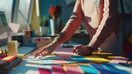 Obraz premium Creative people workplace Closeup view of hands of young designer woman working with color palette at office desk Attractive model choosing color samples for design project Interior sh : Generative AI