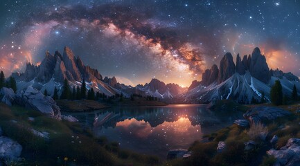 Night shot of the Milky Way. A beautiful mountain landscape with a mountain lake