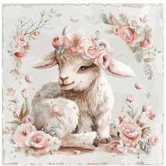 Spring background with Easter lamb and flowers