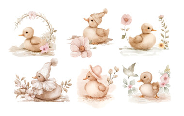 Easter set with cute white ducklings, geese, flowers and Easter eggs.