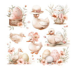 Easter set with cute ducklings, flowers and Easter eggs. Vector watercolor illustration of gentle Easter bunnies