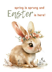 Watercolor vector illustration, cute bunny with a wreath of flowers on his head