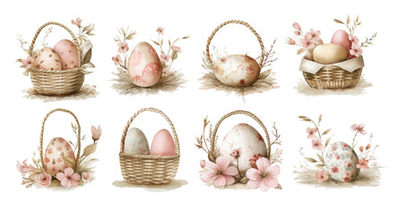 Easter eggs in a easter basket decorated with a bow, with shadow and reflection, easter basket vector design