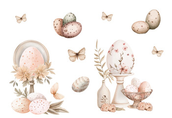 Watercolor vector illustration, delicate Easter eggs in antique style