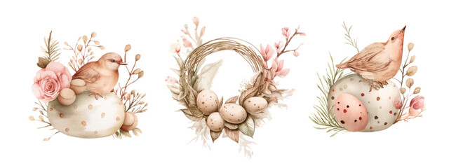 Easter wreath with easter eggs hand drawn black on white background. Decorative doodle frame from Easter eggs and floral elements.