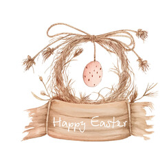 Easter wreath with easter eggs hand drawn black on white background. Decorative doodle frame from Easter eggs and floral elements. Easter eggs with ornaments in circle shape.