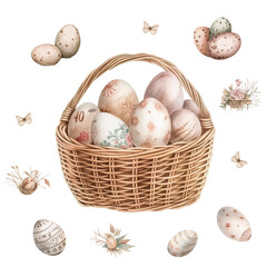 Delicate watercolor set for Easter, eggs in a basket, vector illustration of a fabirge egg for Easter