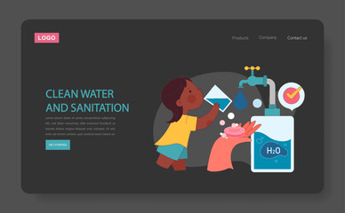 Clean water and sanitation dark or night mode web, landing. Ensuring