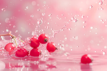 Red currant berries falling into water with splashes, pink background