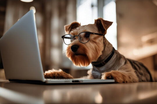 Light terrier looking brown laptop glasses keyboard dog ear fur computer tan secretary high key reading type work