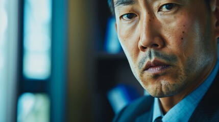 Close up portrait mature Asian man 40s businessman boss employer lawyer leader middleaged senior Chinese Japanese Korean male posing in modern office looking at camera serious unhappy  : Generative AI - Powered by Adobe